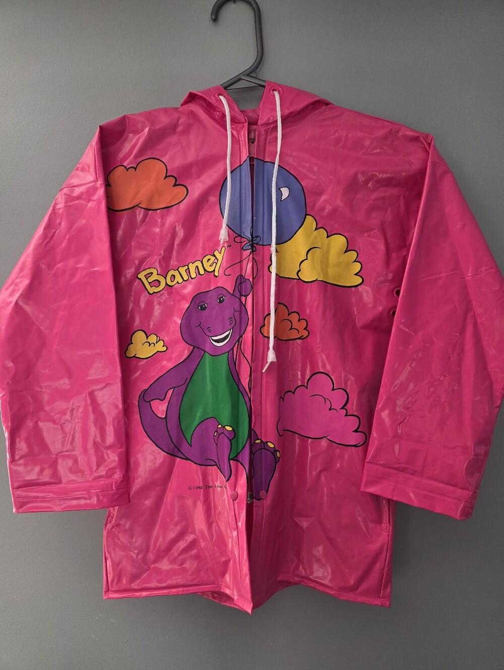 Vintage Neon Pink Barney Vinyl Rain Jacket with Baby Bop